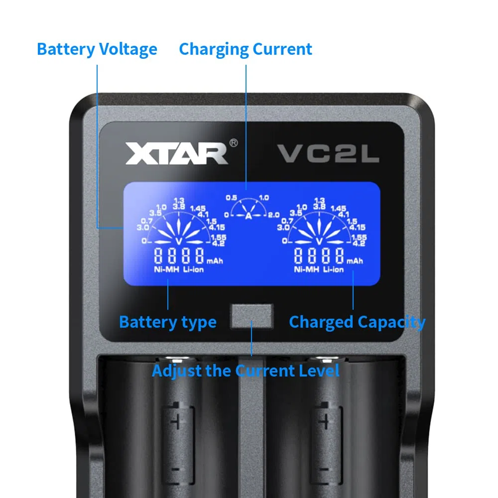 XTAR - VC2L - Caricabatterie USB C migliorato 18650 Caricabatterie rapido per batterie 2 A 26650 Display LCD per batterie AA AAA C D (VC2L)