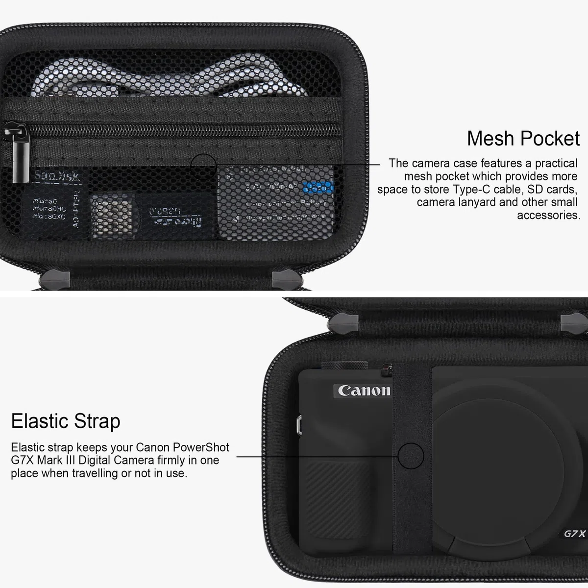 RAIALL Custodia per fotocamera digitale Canon PowerShot G7X Mark III, 1* custodia rigida da trasporto + 1* custodia protettiva morbida in silicone, Nero+Nero