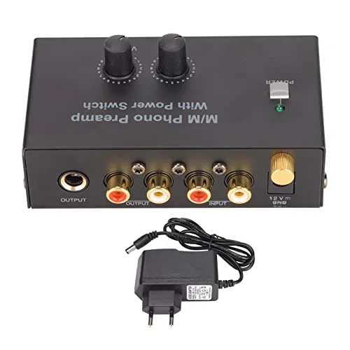Preamplificatore Fono, Preamplificatore Giradischi in Metallo Professionale a Basso Rumore PP500P con Adattatore di Alimentazione CC 12V, Spina Europea, 100‑240 V