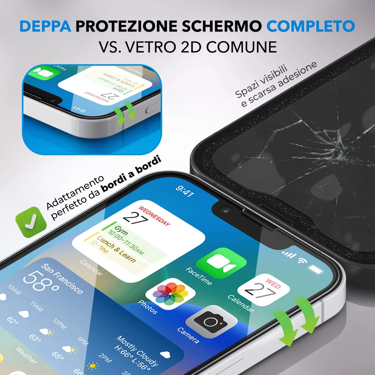 Deppa | 2 pezzi | Pellicola protettiva anti luce blu certificata per iPhone 17e/16e/14/13/13 Pro (6,1") | Vetro temperato ultra resistente | Copertura totale, senza bolle | Installazione facile