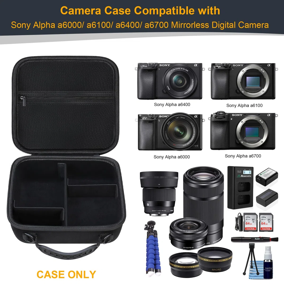 RAIALL Custodia per fotocamera digitale mirrorless Sony Alpha a6000/a6400/Sony Alpha 7 II III IV/ZV-E10 e obiettivo, borsa da viaggio rigida per fotocamera vlogging con tracolla e 3 divisori, Nero