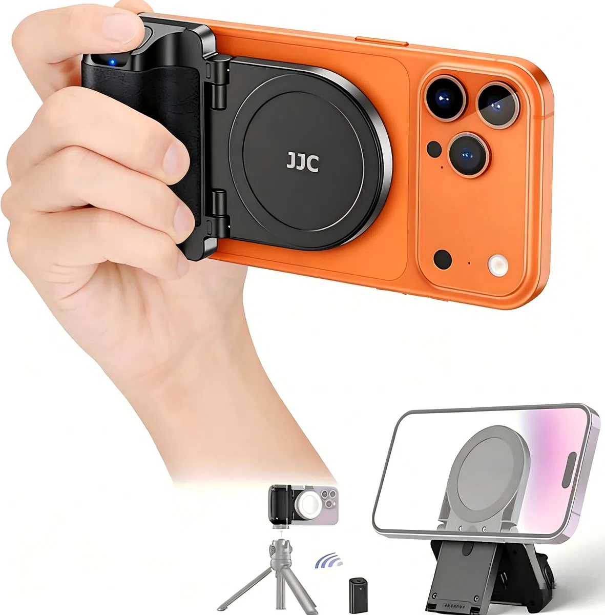 JJC Magnetico Impugnatura magnetica per cellulare con telecomando Bluetooth per iPhone 17 16 15 14 13 e smartphone Android, supporto per telefono e treppiede, colore: Nero