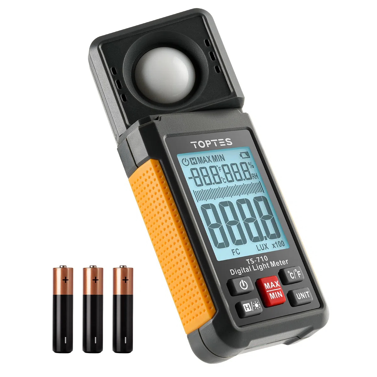 TopTes TS-710 Luxmetro Digitale, Luxmetro Portatile con Sensore Rotato di 180º, Schermo LCD Retroilluminato, Unità Lux/FC, per Interni LED ed Esterni per Piante - Batteria Inclusa