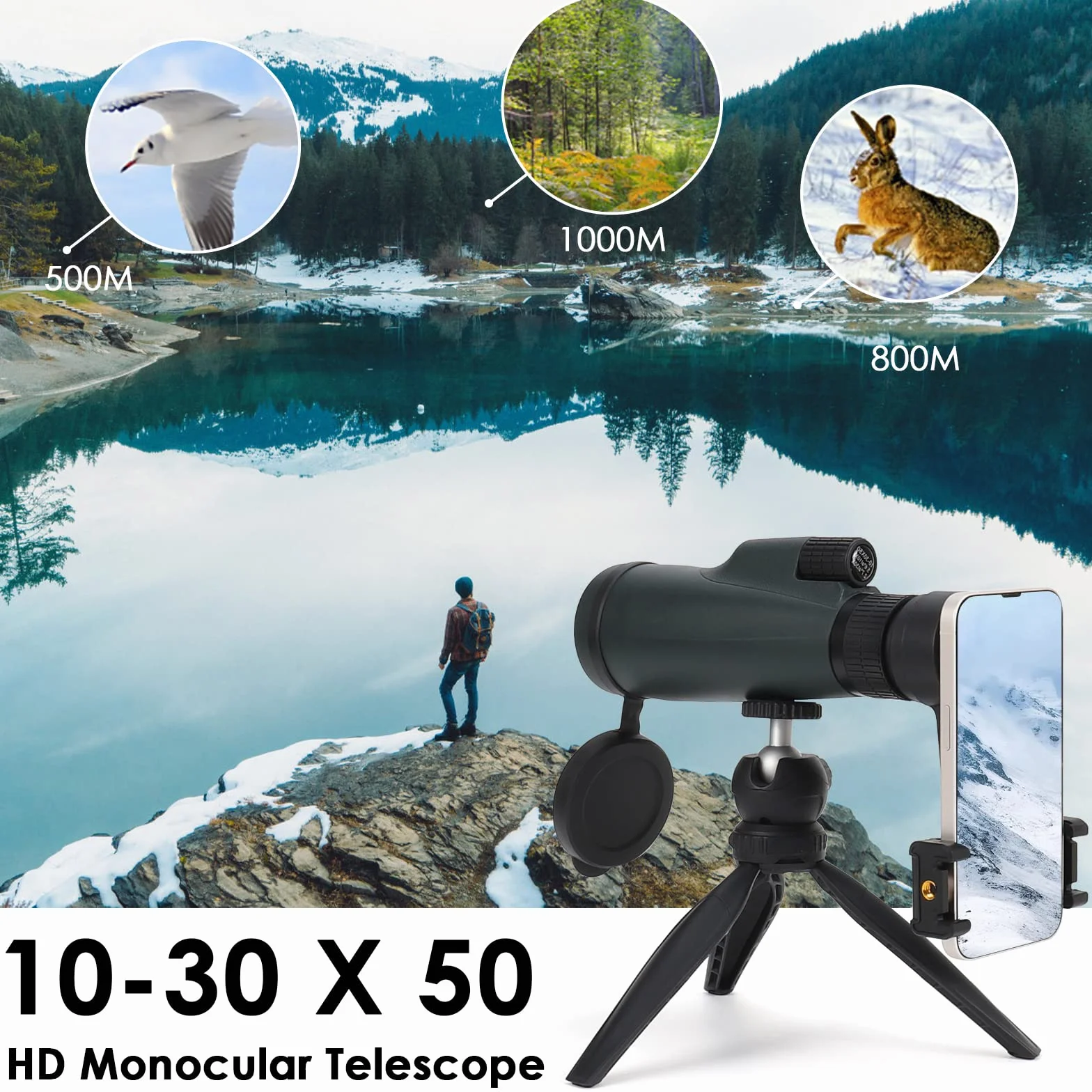 Telescopio Monoculare 10-30x50 HD, Czemo Professionale Monocoli Telescopio Zoom Impermeabile Monocular con Treppiede Supporto per phone, Prisma BAK-4 e FMC Canocchiale,per Bird Watching,Caccia