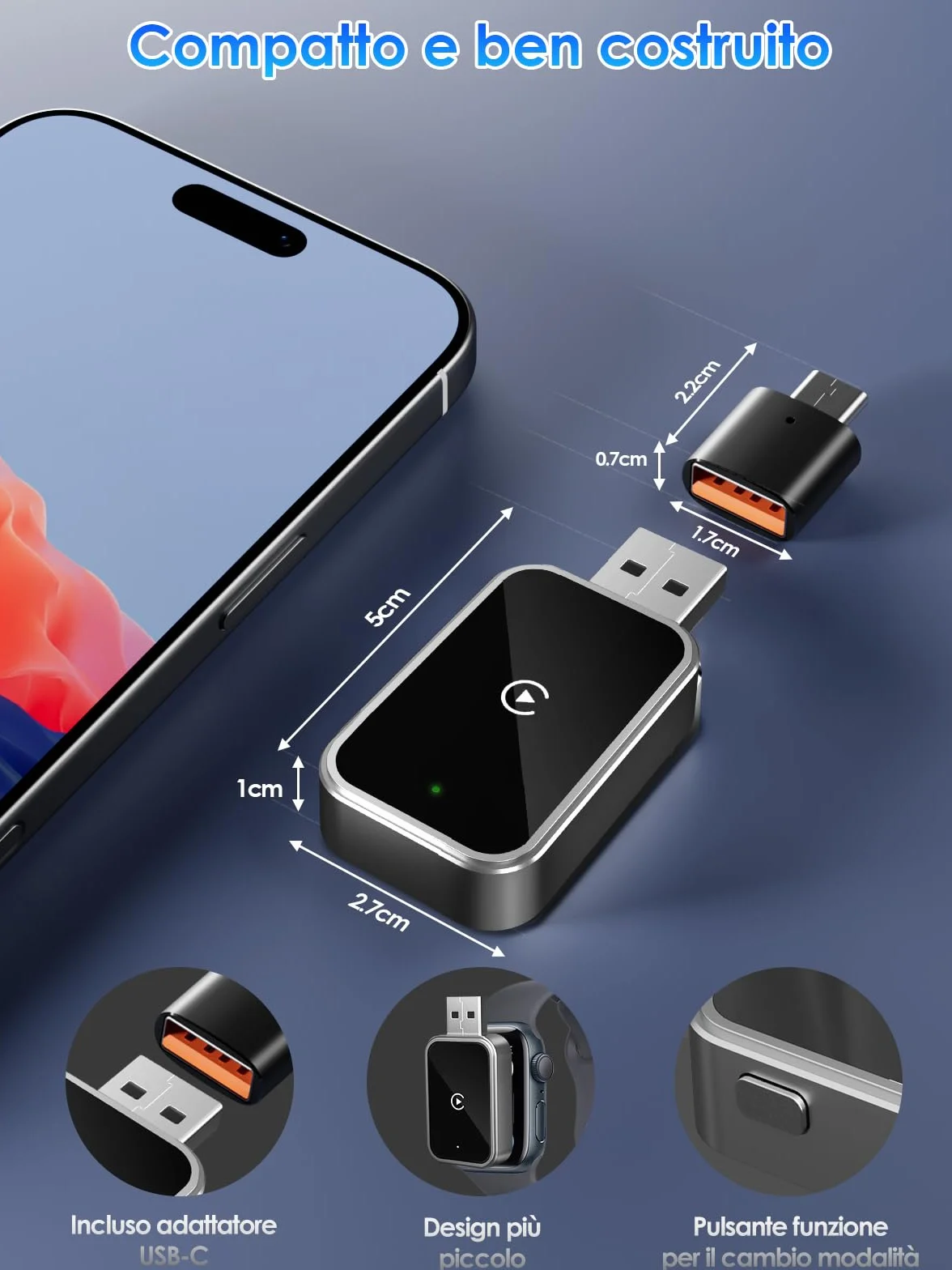 Adattatore Wireless CarPlay 2026 USB/Type-C Connessione Veloce Stabile iOS 12+