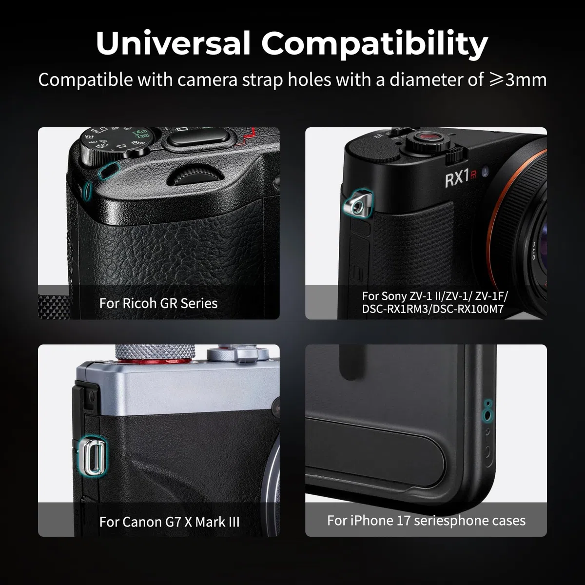 SMALLRIG Tracolla a sgancio rapido per Ricoh Serie GR, portatile e protettiva, per Sony ZV-1 II/ZV-1 / ZV-1F, per Canon G7 X Mark III, per custodie per iPhone Serie 17, grigio - 5685