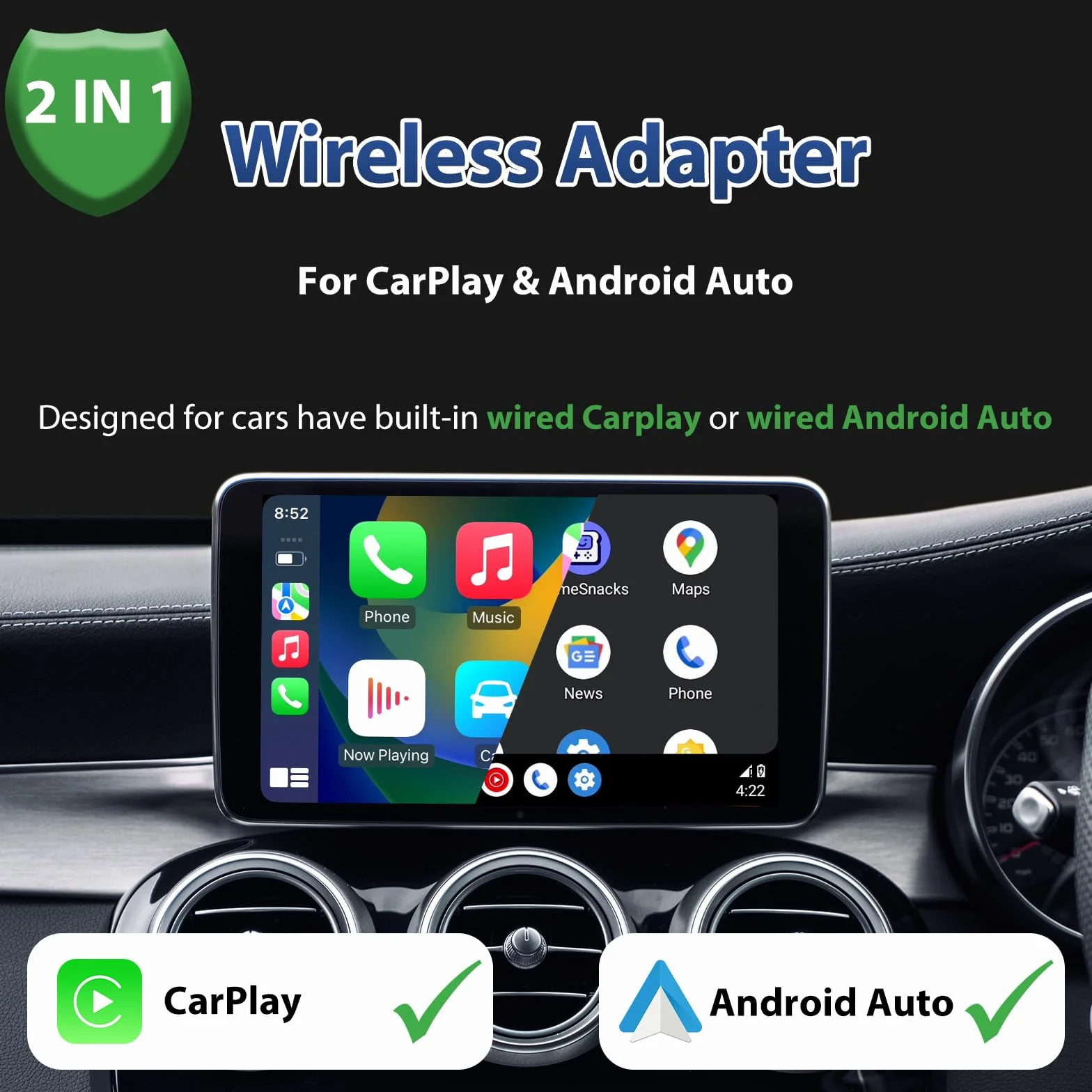 Adattatore wireless 2 in 1 CarPlay Android per auto, mini USB Plug & Play, compatibile dal 2016, connessione stabile, design ultra compatto