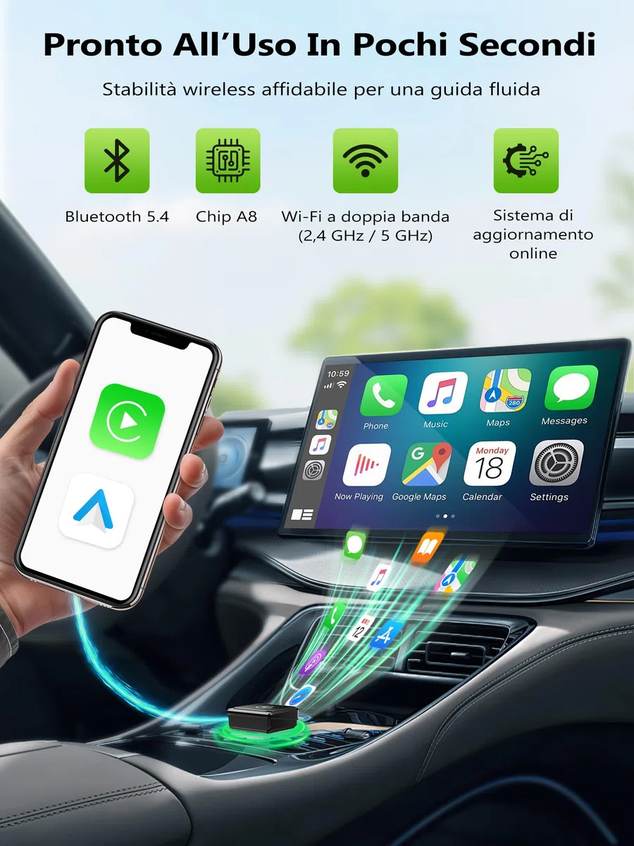 Adattatore CarPlay Wireless Per iPhone:Android Auto Wireless & CarPlay Wireless – Stabile, Compatibile con iPhone iOS 10+ e Auto con CarPlay di Serie, Connessione Automatica, Plug & Play, USB-A/Type-C