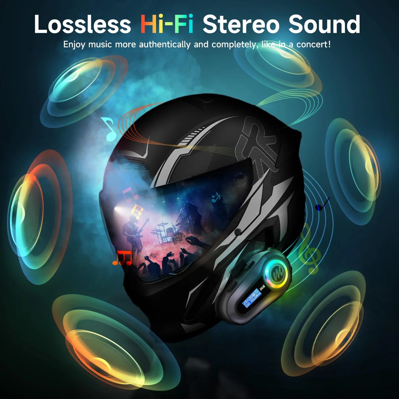 Moman H4M Casco da Moto con Display LCD e 6 Modalità EQ - Casco da Moto con Chip 5.3 con Stereo HiFi FM Radio AI - Assistente vocale - Impermeabile IPX6