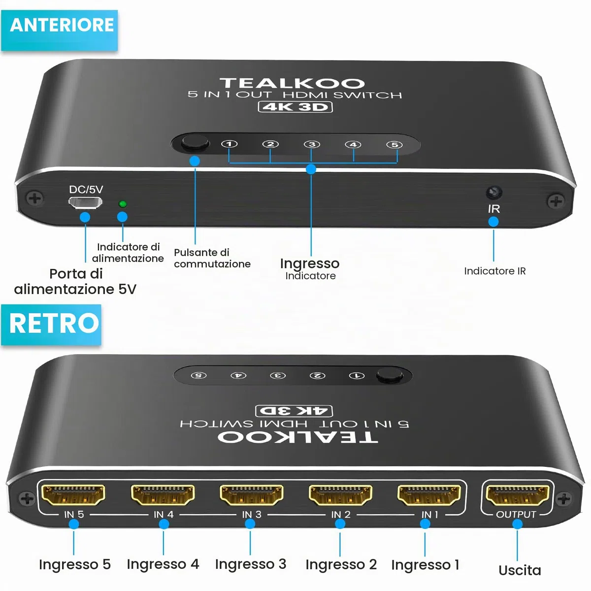 Splitter HDMI 5 in 1 Out – 4K Aliminium Switch automatico con telecomando – Commutatore supporta 4K 3D HDR per PS4, Xbox, TV Stick, lettore Blu-Ray