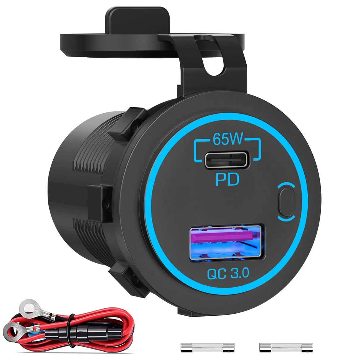 PD 65W USB C Presa 12 Volt: Qidoe Tipo C e QC3.0 Caricabatterie Prese USB per Auto con Interruttore Caricatore Veloce per iPhone iPad Telefoni Android, Adatto per 12V 24V Auto Barca Camion Camper