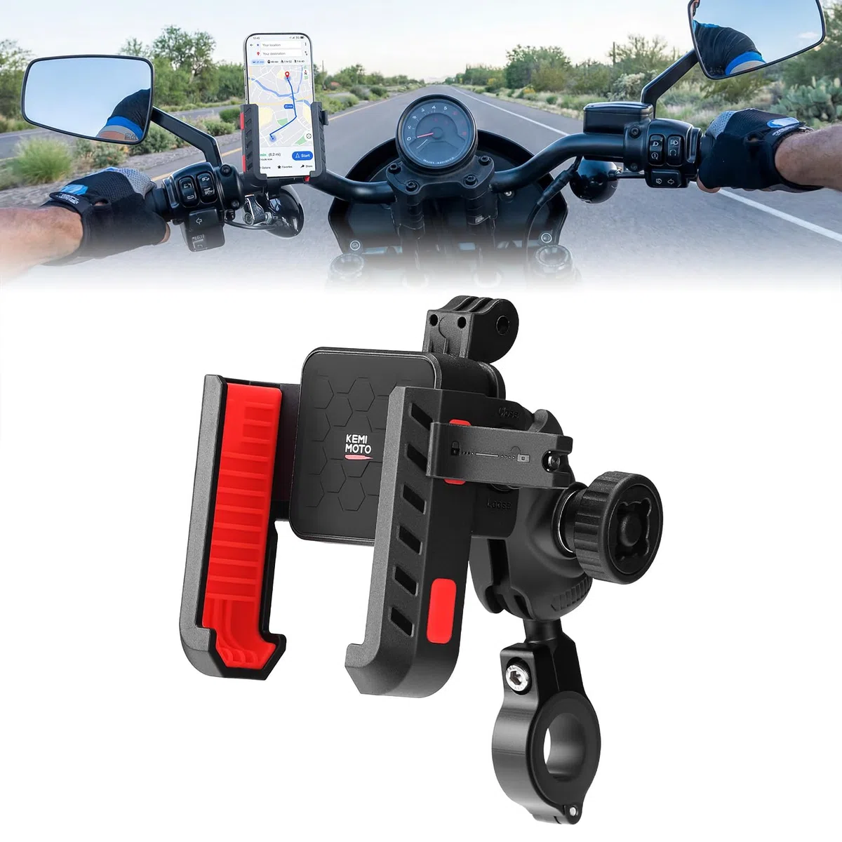KEMIMOTO Supporto Telefono Moto, Porta Cellulare Moto con Antivibrazione e Antifurto, Porta Telefono Ruotabile a 360 per Motociclo, Scooter, Bici, ATV, Adatto per 4,7"-7,2" Smartphones