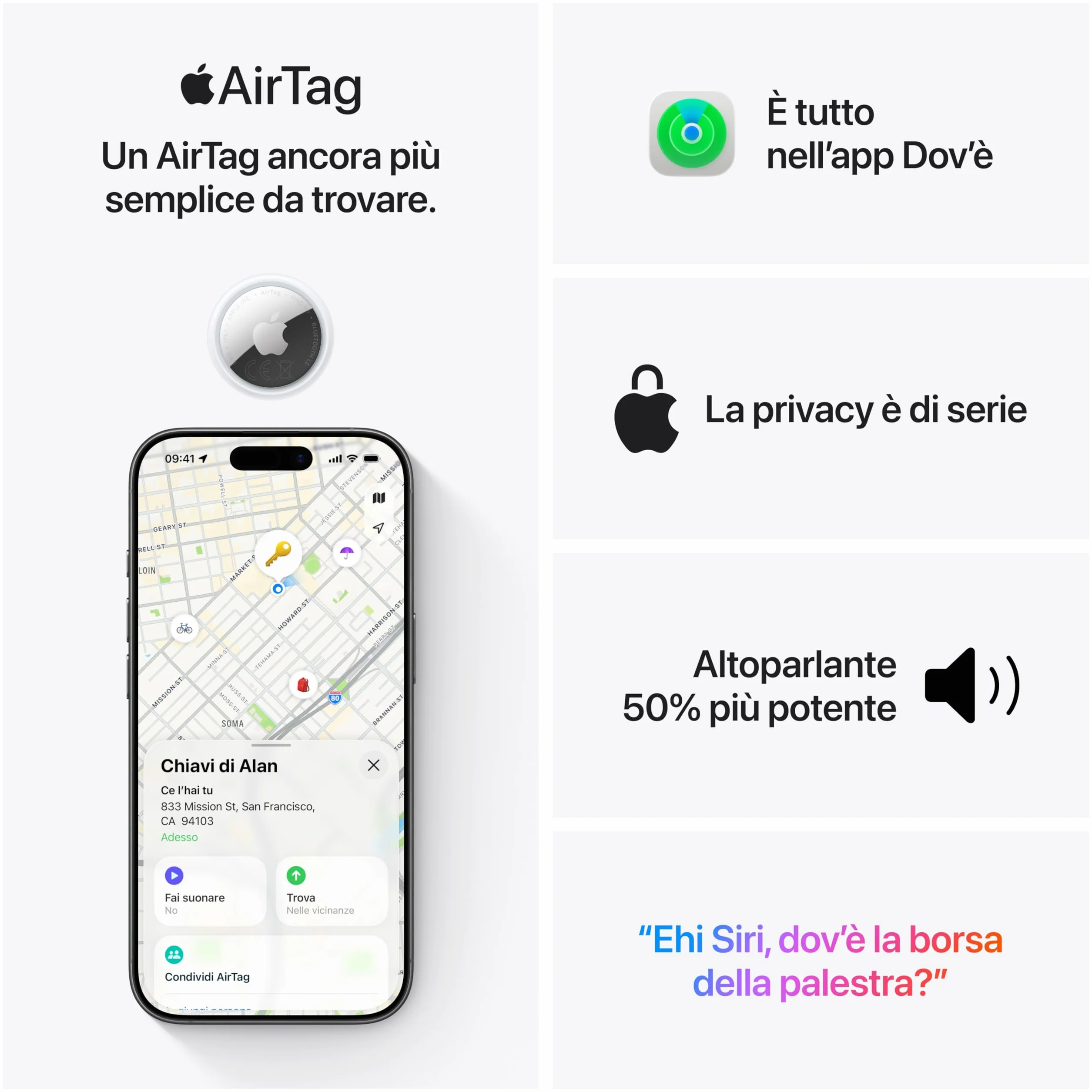 Apple AirTag (seconda generazione): utile per localizzare portachiavi, portafogli e molto altro; funziona emettendo un suono; si configura con un semplice tap da iPhone o iPad