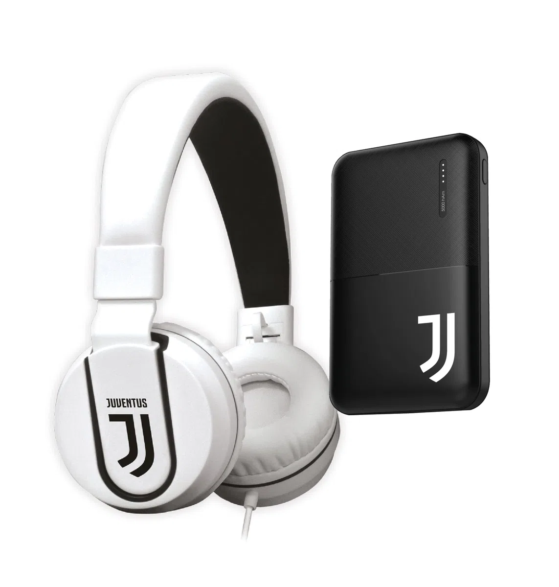 TECHMADE Juventus Football Cuffia microfono incluso |ON-EAR |con filo cavo aux | Bianco/Nero | con adattatore usb-c (+ POWERBANK 5000)