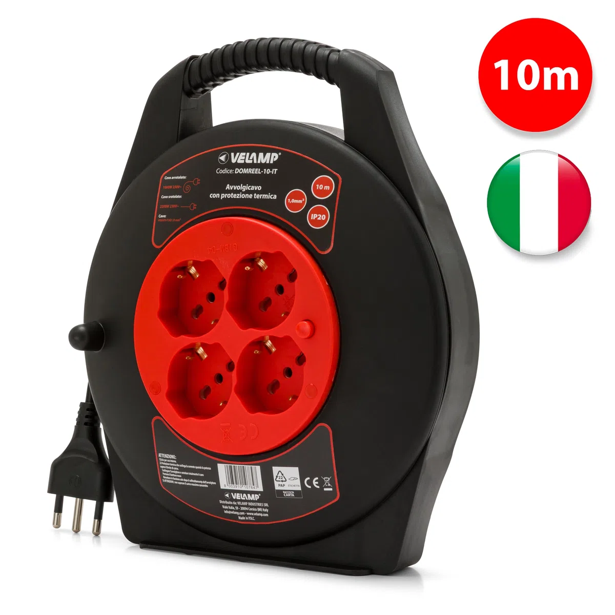VELAMP - Prolunga Elettrica 10 Metri con Avvolgicavo Elettrico e Presa Multipla (4 Prese Schuko + 10/16A), Spina Grande 16A, Interruttore di Sicurezza – Cavo Elettrico Multipolare 3G Sezione 1,0 mm²