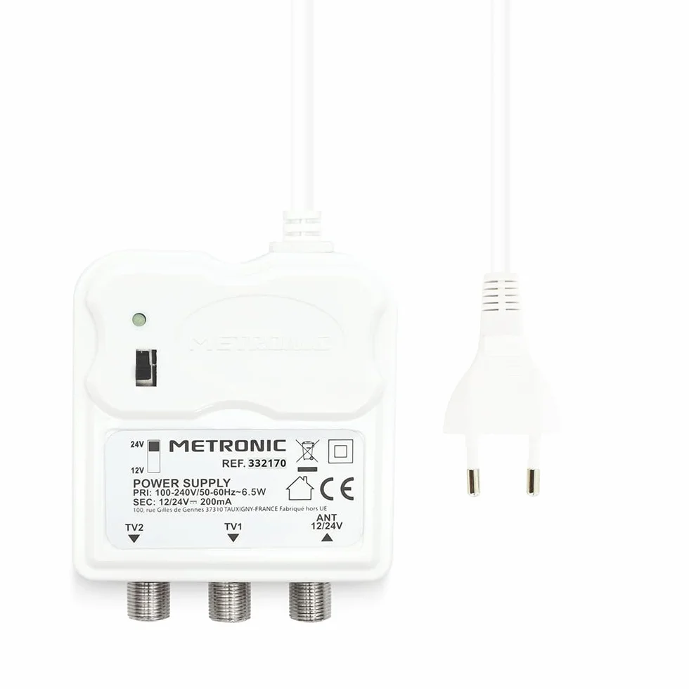 METRONIC 332170 Amplificatore per interni con regolazione del guadagno, 2 uscite TV 9,52 mm - Alimentazione 12/24 V per amplificatore TV - Alimentazione elettrica - Bianco