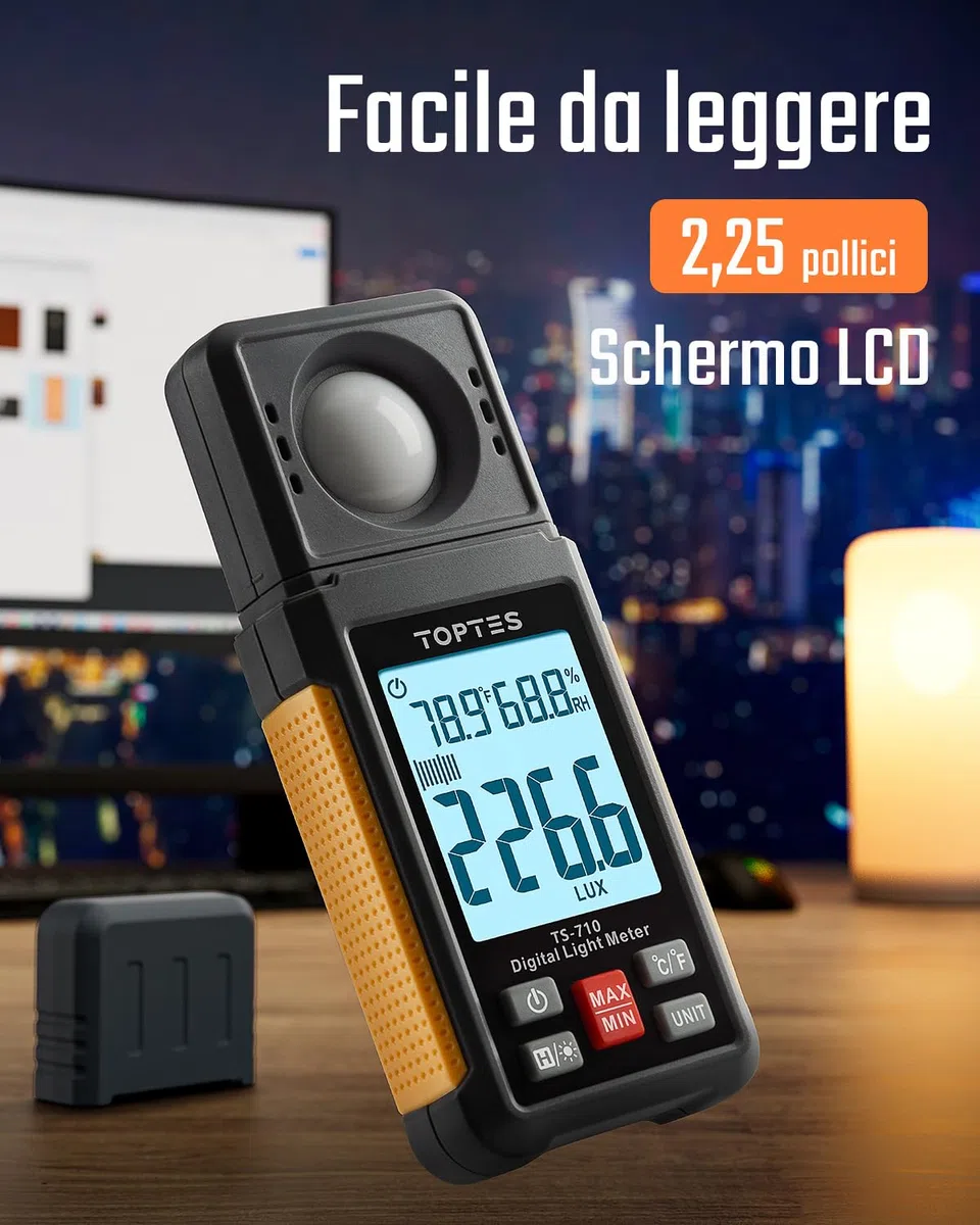 TopTes TS-710 Luxmetro Digitale, Luxmetro Portatile con Sensore Rotato di 180º, Schermo LCD Retroilluminato, Unità Lux/FC, per Interni LED ed Esterni per Piante - Batteria Inclusa