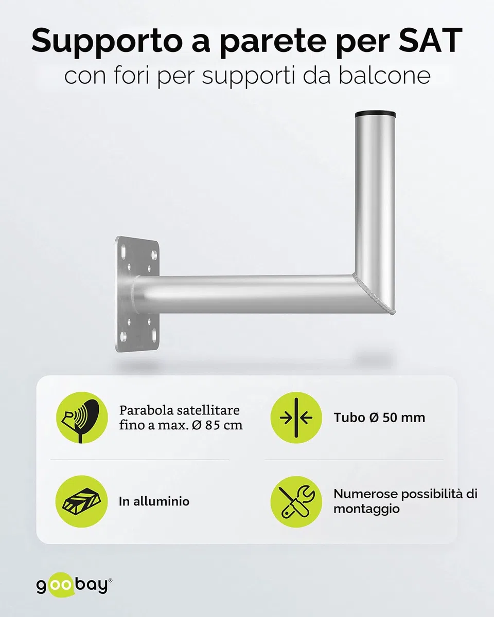 goobay 60503 Sat - Supporto da parete con foro per balcone/supporto per parabola satellitare fino a max. 85 cm, supporto per asta angolare, supporto da parete, supporto per antenna con distanza dalla