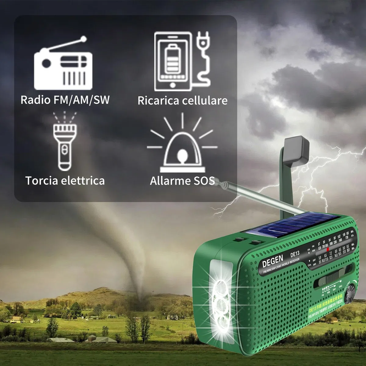 DE13 FM AM SW Radio Portatile Manovella Solare EmergenzaRadio Wind Up Radio con Torcia Elettrica Luce da Lettura Regolabile SOS Allarme Funzione Adatta a Famiglia Campeggio