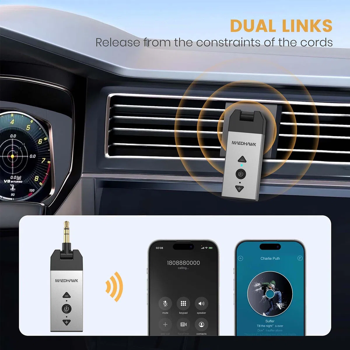 MAEDHAWK Ricevitore Bluetooth 5.2 per Auto con Jack Aux da 3,5 mm Ruotabile Kit audio wireless A2DP per Auto, Altoparlanti per Streaming di Musica Stereo per la casa, Chiamate in Vivavoce