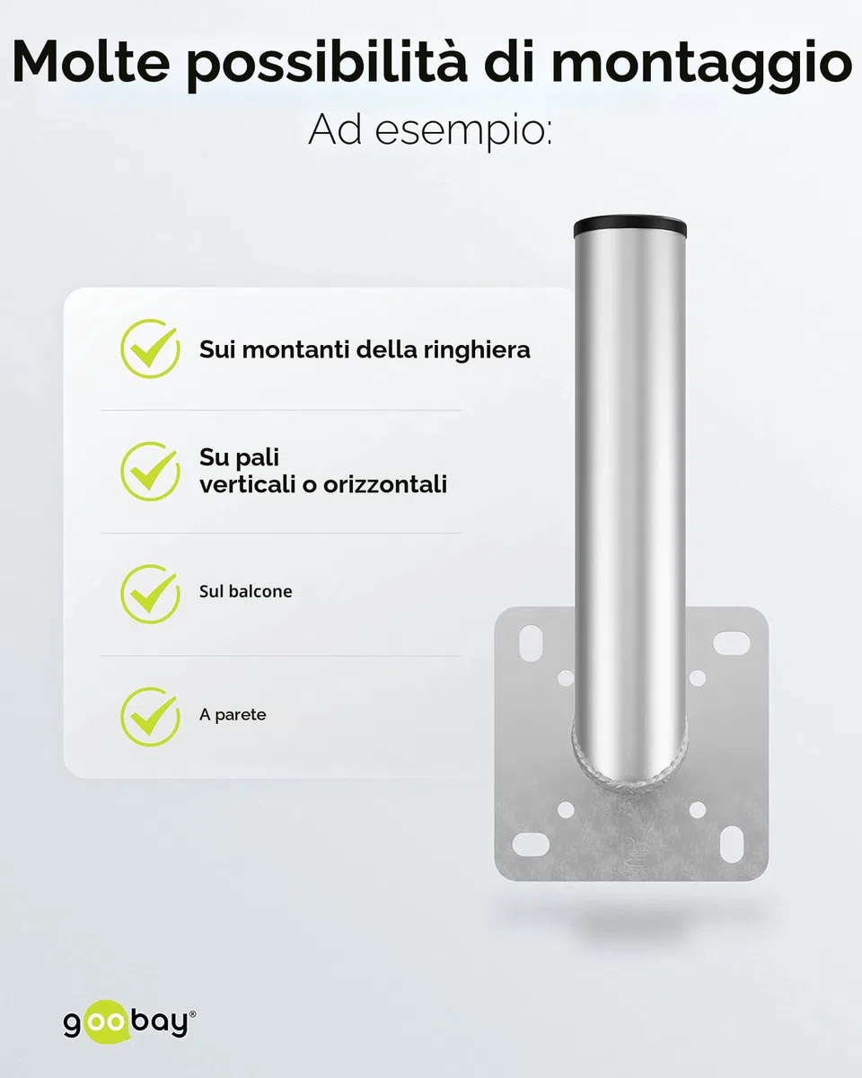 goobay 60503 Sat - Supporto da parete con foro per balcone/supporto per parabola satellitare fino a max. 85 cm, supporto per asta angolare, supporto da parete, supporto per antenna con distanza dalla