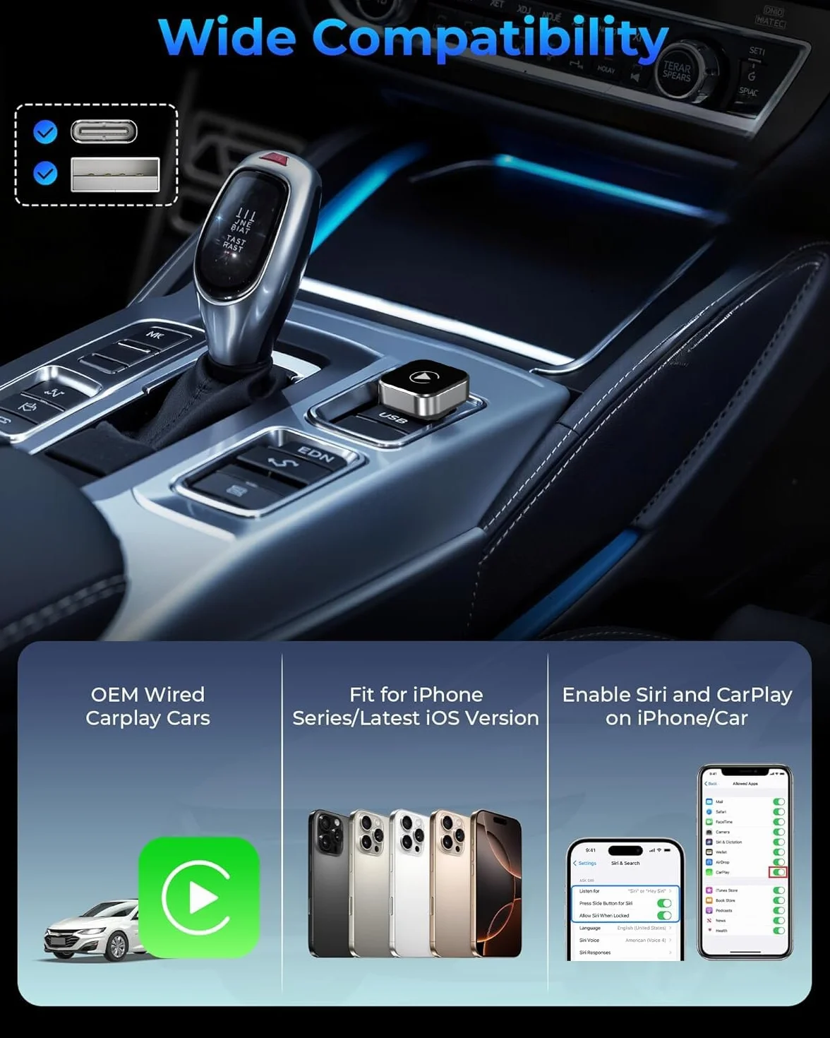 Adattatore CarPlay wireless con cavo CarPlay (USB a C), adattatore Mini CarPlay in metallo per iPhone con iOS 10+ e Android 11+, nessun ritardo (nero)