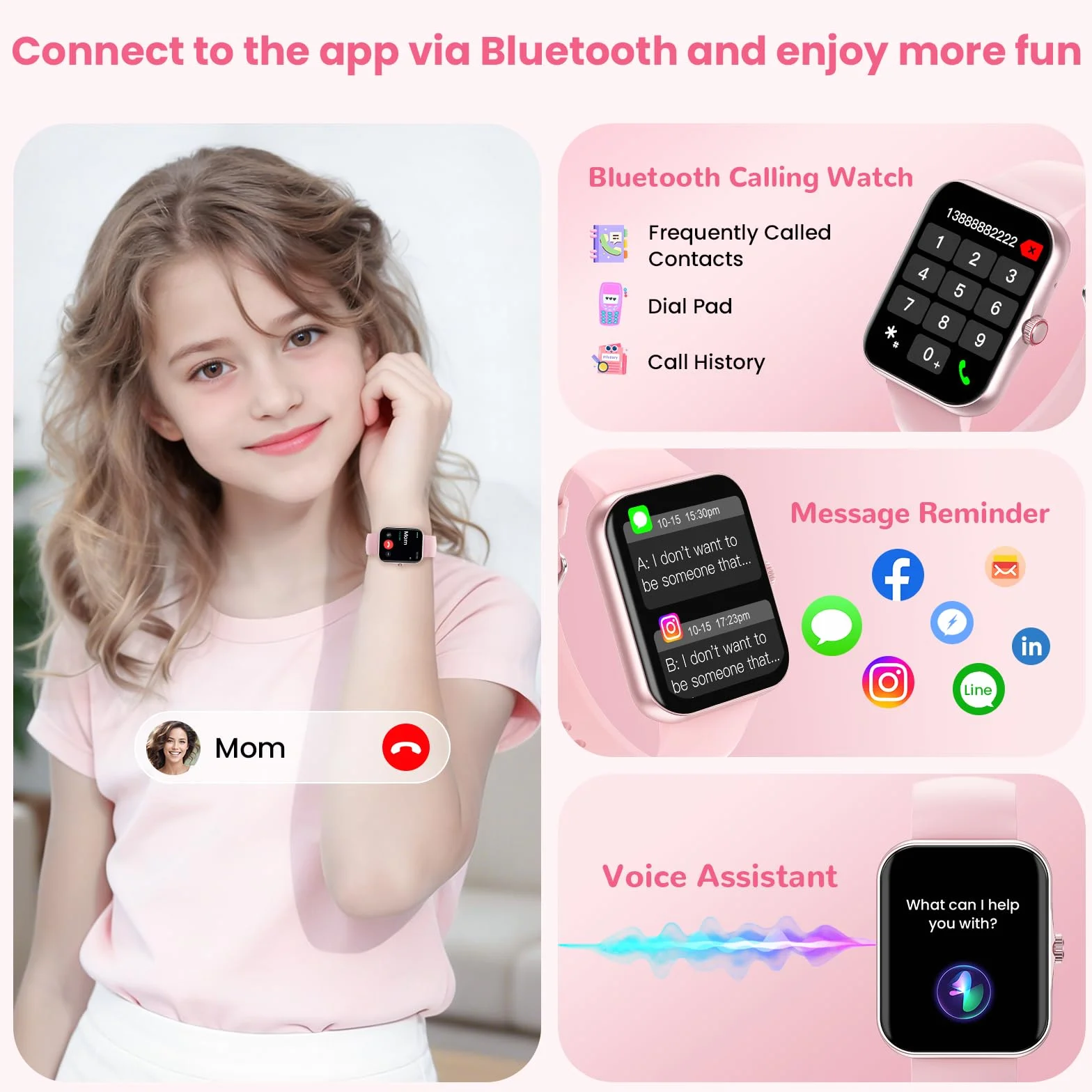 PTHTECHUS Smartwatch Bambini, Orologio Intelligente Fitness Sportivo SmartWatch per Bambini, 1.83' HD Touchscreen, Cronometro Notifiche Messaggi, Fitnesstracker per Ragazzi Ragazze Adolescenti (Rosa)