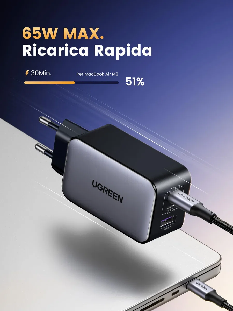 UGREEN Nexode 65W Caricatore USB C Ricarica Rapida di 3 Porte Alimentatore Compatibile con iPhone 17 Pro Max Air 16 15 14 13 Galaxy S26 25 24 Pixel 10 Pro iPad MacBook M5 M4 Steam Deck (Nero)