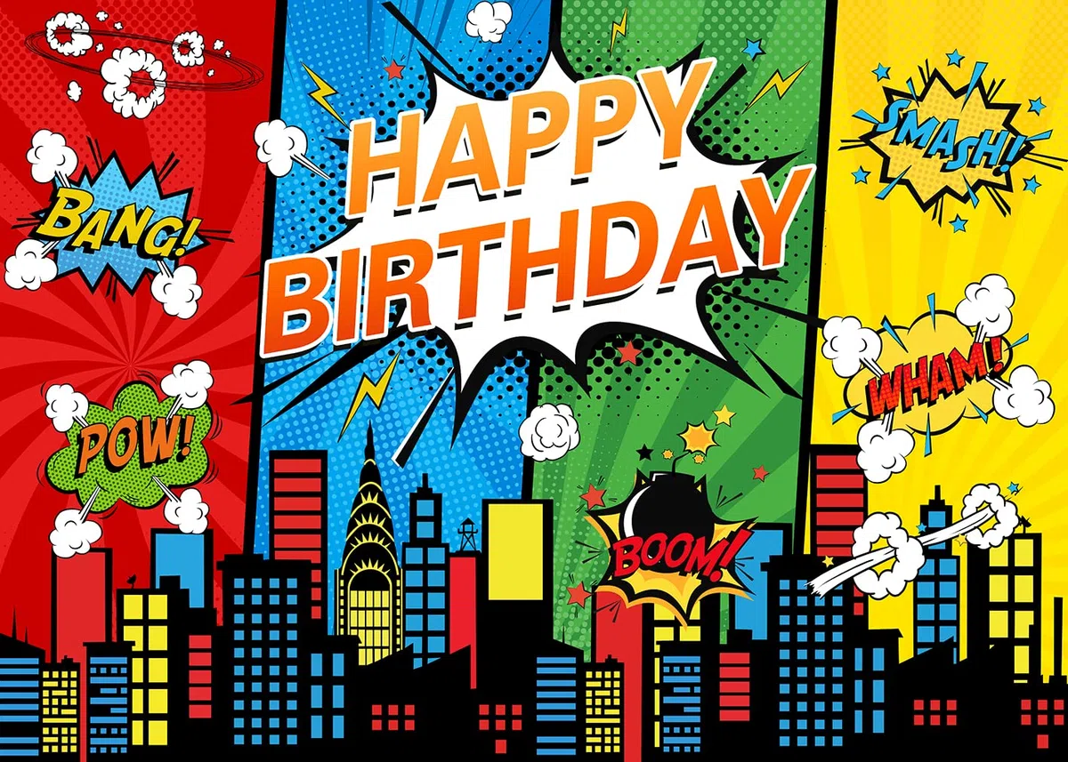 Sfondo a tema supereroe Città Paesaggio Architettura Stile fumetto Ragazzo Festa di compleanno Sfondo Baby Shower Torta Decorazione da tavola Banner Photo Booth Puntelli (2,1x1,5 m)