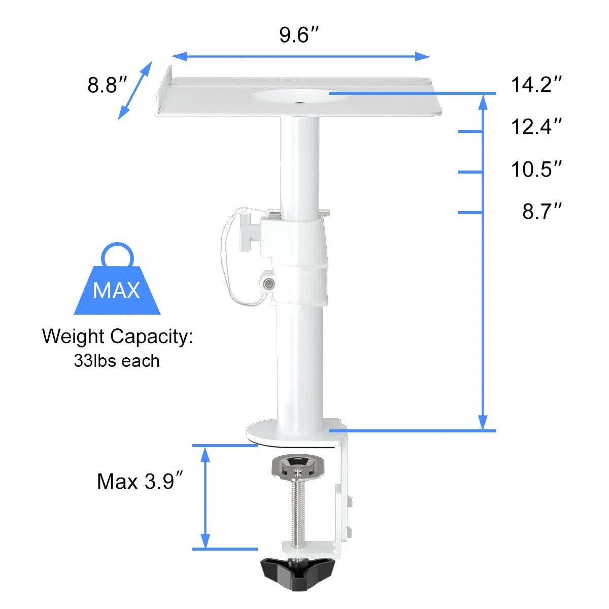 suptek SDM001W - Supporto da scrivania per altoparlanti con morsetto, vassoi da 24,4 x 22,4 cm, regolazione dell'altezza e inclinazione, supporti audio universali per computer e altoparlanti da