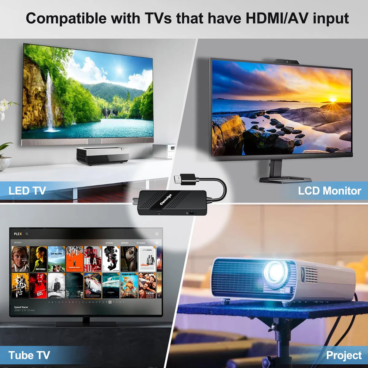 Decoder DVB-T2, OWERSLYN Decoder Digitale Terrestre 2024 HD 1080P H265 HEVC Main 10 Bit, HDMI CEC TV Stick Supporto Uscita HDMI/AV e USB Multimediale/PVR Recorder [Telecomando 2in 1 con comandi TV]