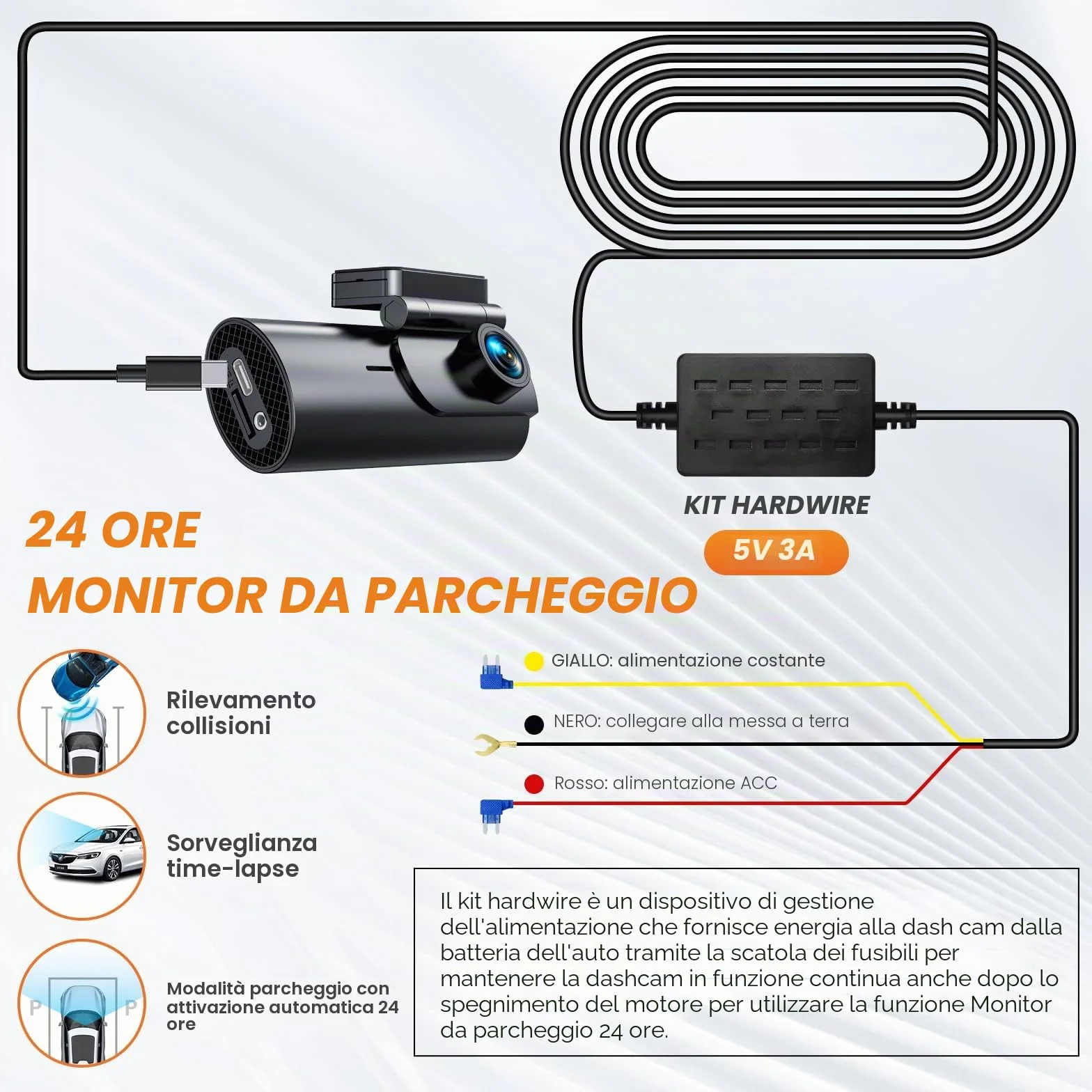GKU Dashcam Kit Cablaggio USB-C 12V-24V a 5V/2,5A 3,5 Metri Monitoraggio Parcheggio 24 Ore Protezione Bassa Tensione