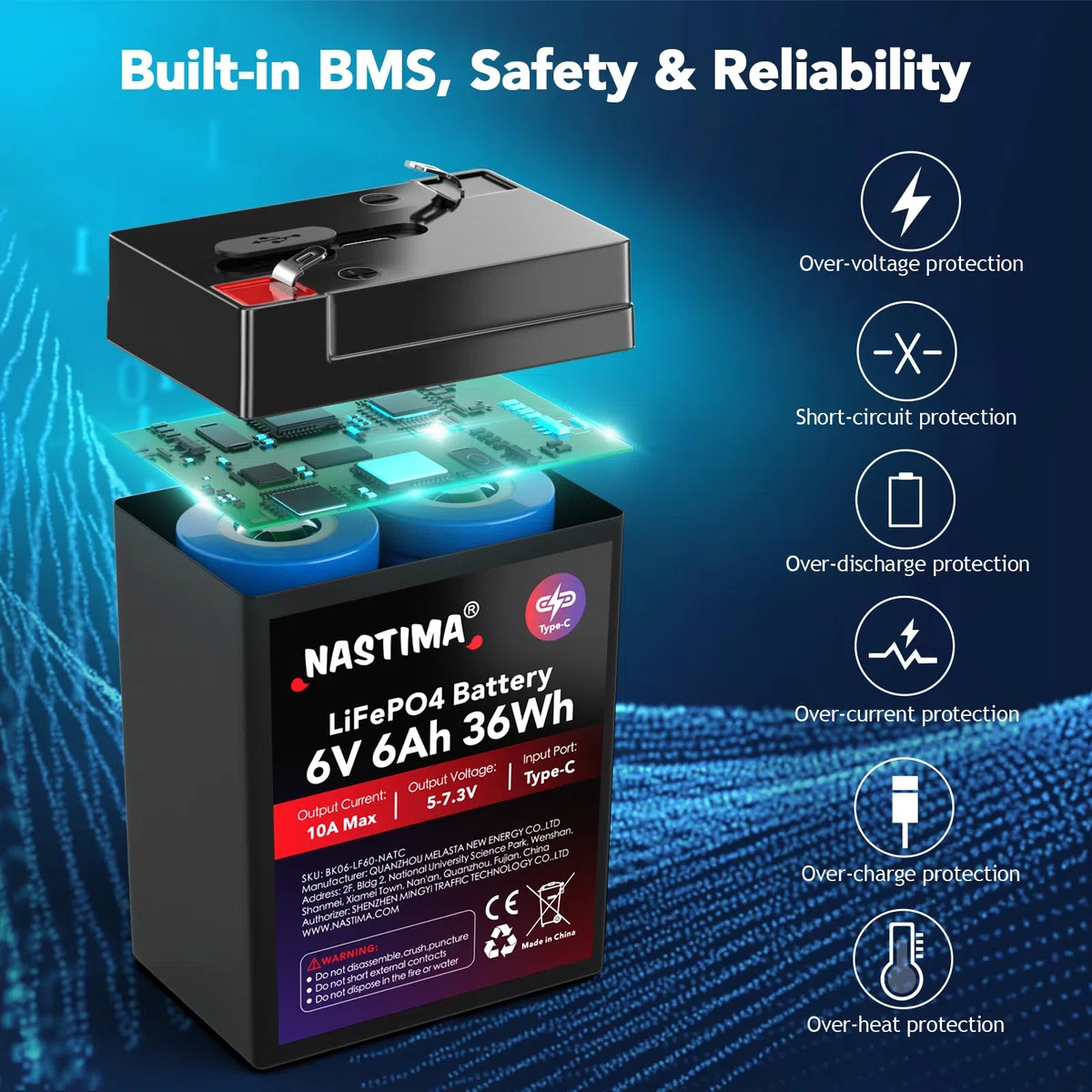 NASTIMA Batteria Ricaricabile 6V 6Ah 36Wh LiFePO4 con Protezione BMS e Ciclo Profondo 2000, Ricarica Type-C, Telecamere di Sorveglianza, Macchinine per Bambini, Barche a Motore, Campeggio