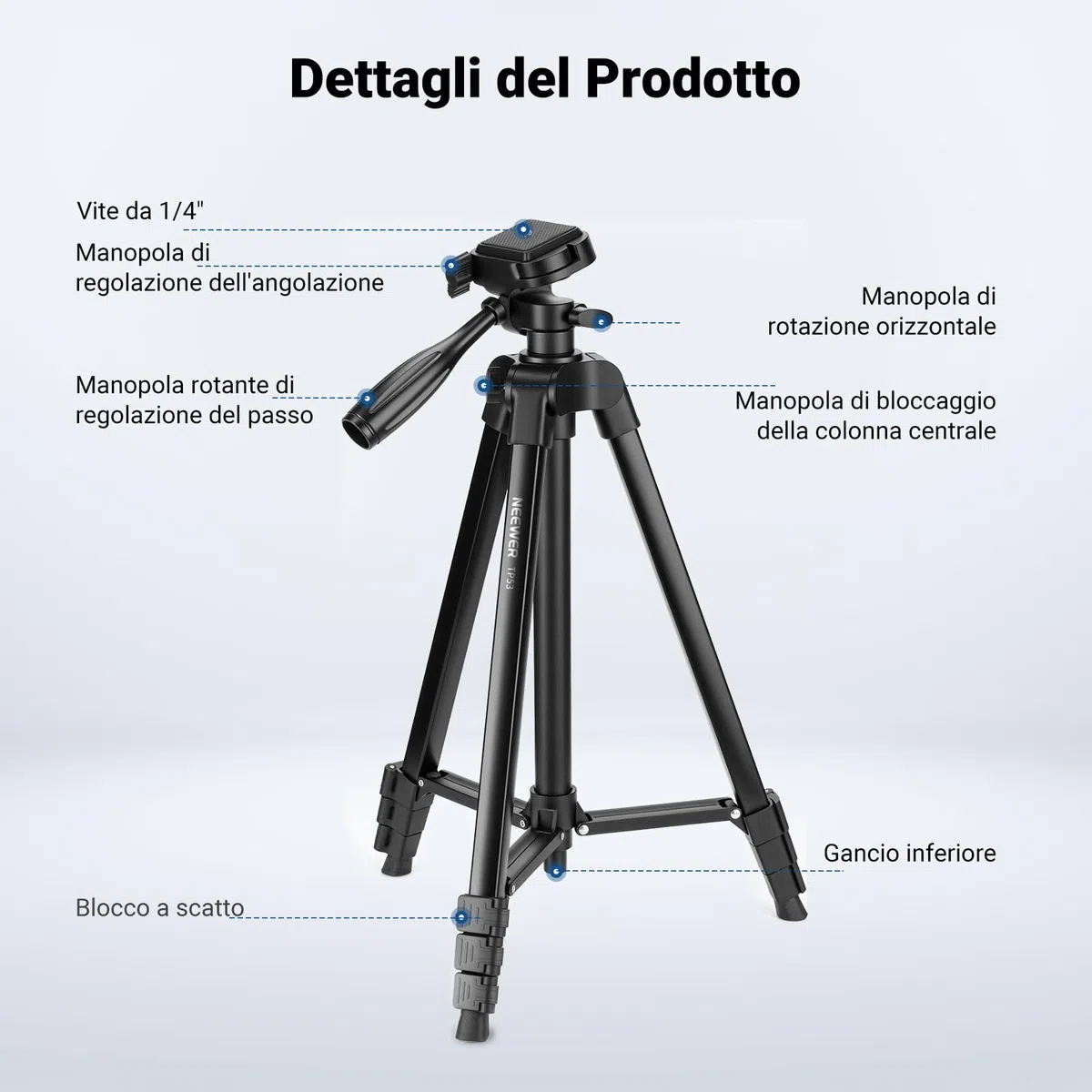 NEEWER ENTRY LEVEL VERSION Treppiede per Telefono e Fotocamera, Cavalletto da Viaggio Portatile Leggero Metallico con Supporto Cellulare a Cold Shoe Compatibile con iPhone per Riprese Video Film, TP53