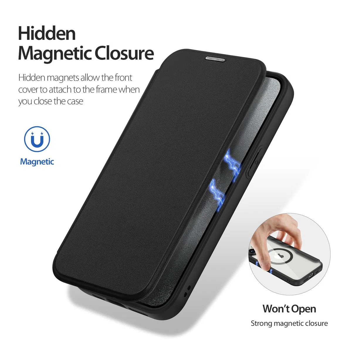 DUX DUCIS Custodia Magnetica per iPhone 15 Pro Max, [Compatibile MagSafe] Custodia a Portafoglio in Pelle di Alta Qualità con Blocco RFID, Custodia Trasparente Antiurto per Apple iPhone 15 Pro Max