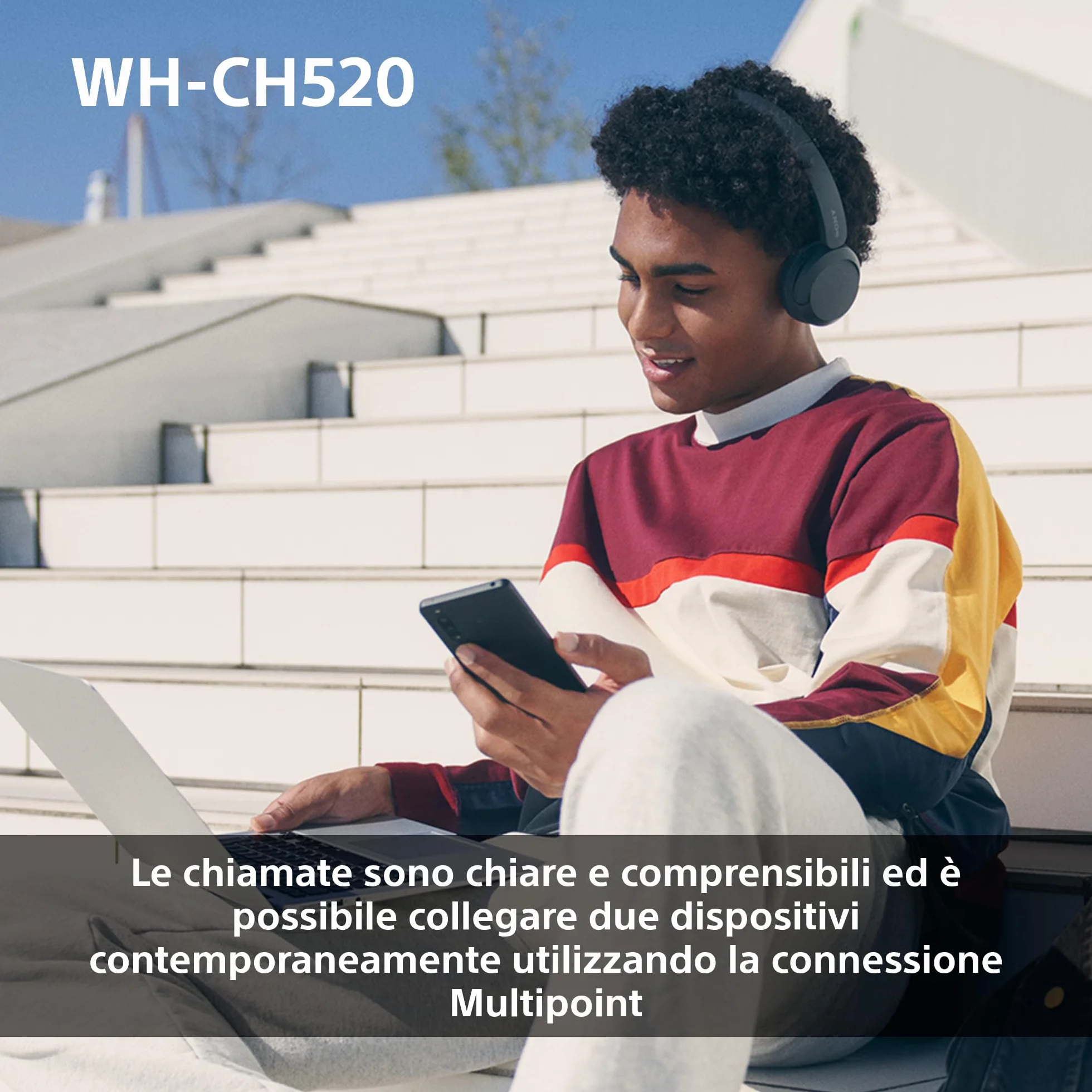 Sony WH-CH520 | Cuffie Wireless, Connessione Multipoint, con Microfono, Fino a 50 ore di durata della batteria con Ricarica rapida - Nero