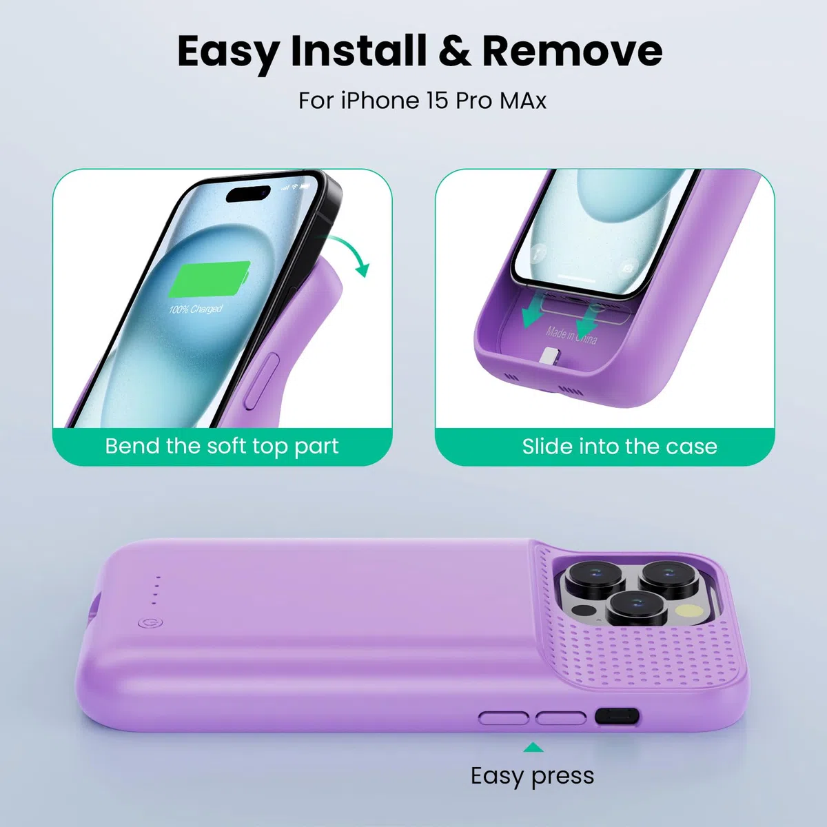 Feob Cover Batteria per iPhone 15 Pro Max (6,7"), 8600mAh 15W Ricaricabile Battery Case Custodia Batteria Caricabatterie Power Bank per iPhone 15 Pro Max (6,7") Charger Case