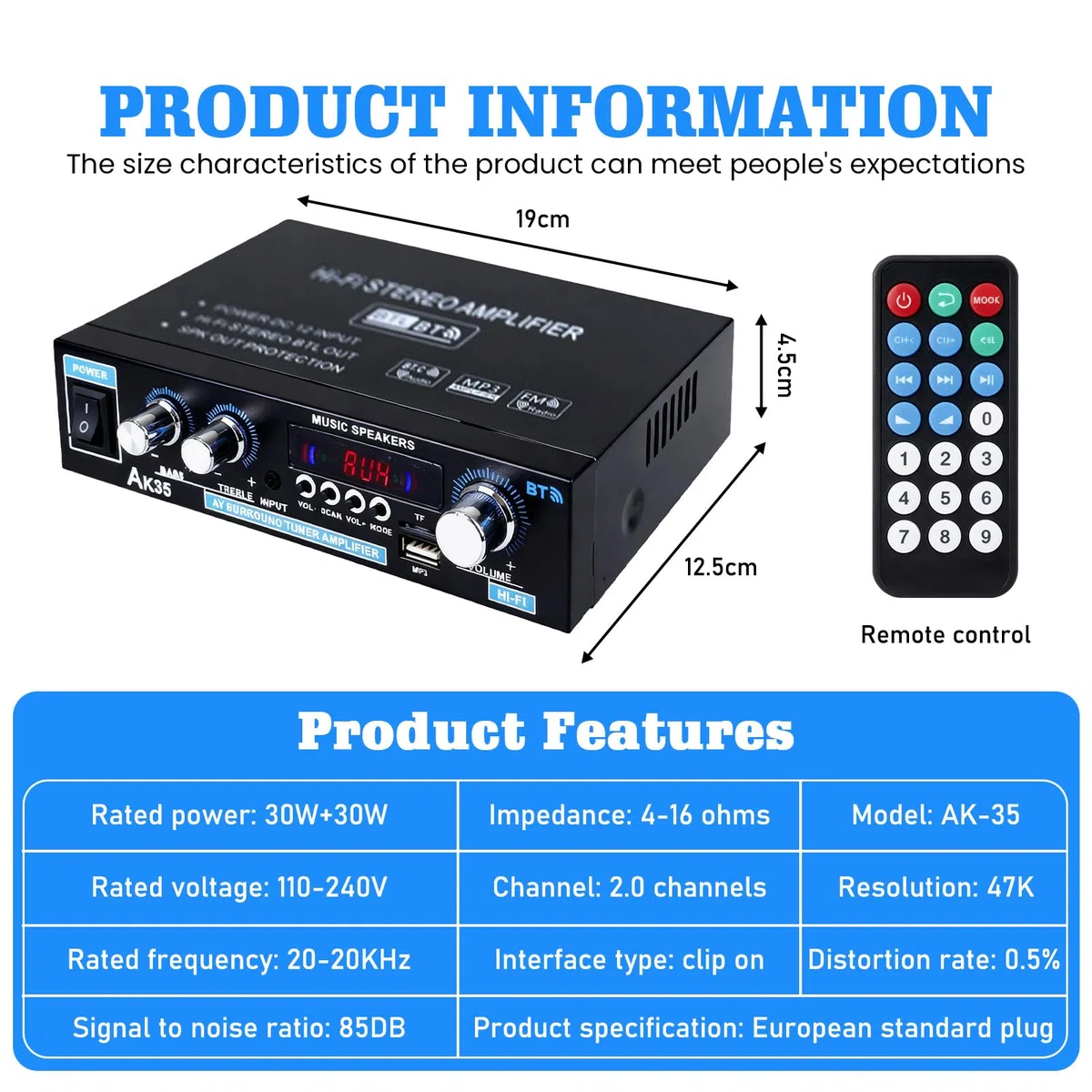 AK35 Amplificatore HiFi Bluetooth 5.0 2.0 Canali 30W X 2 Amplificatore Stereo HiFi Amplificatore Finale di Potenza Mini Radio Audio Amplificatore Ricevitore con Radio FM, Telecomando, Scheda SD, USB