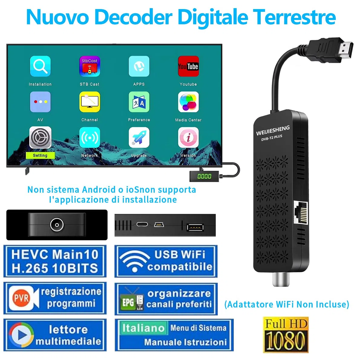 Decoder Digitale Terrestre 2025, Decoder DVB-T2-Mini TV Stick, HD 1080P H.265 HEVC Main 10-Bit,Supporto-HDMI, AV, Ethernet,USB WiFi,DLNA,PVR,Multimedia [Telecomando 2 in 1 con Controllo TV]