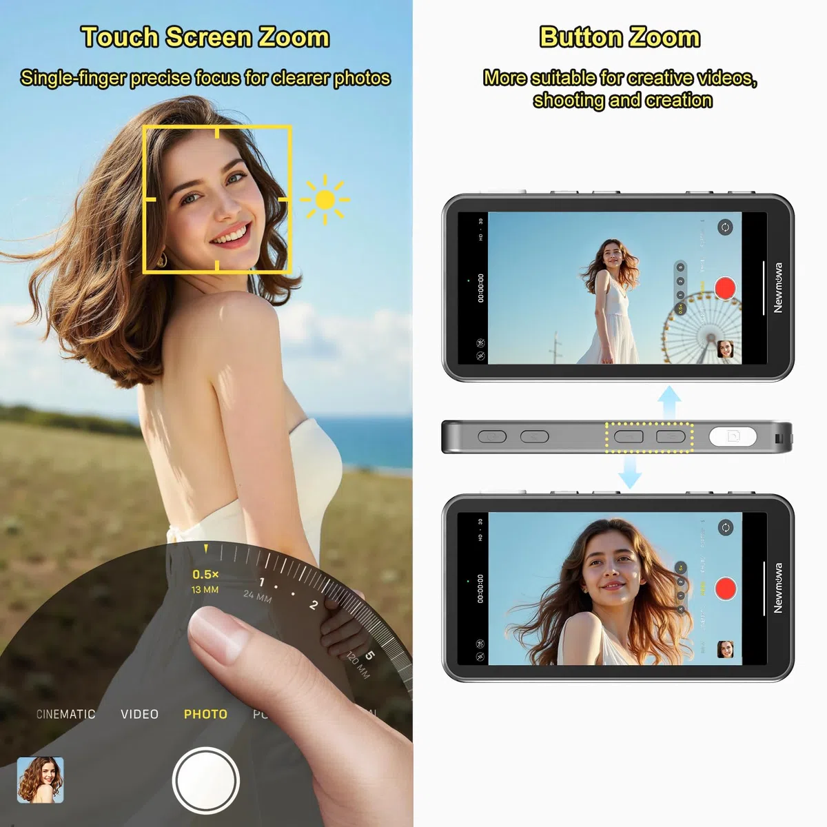 Newmowa Magnetico Telefono Selfie Vlog Touchscreen Monitor,con Zoom,Registrazione Wireless 1080p,Fotocamera Posteriore per Vlog TikTok,Compatibile iPhone(Registrazione 4K30fps Solo per iPhone 15/16/17