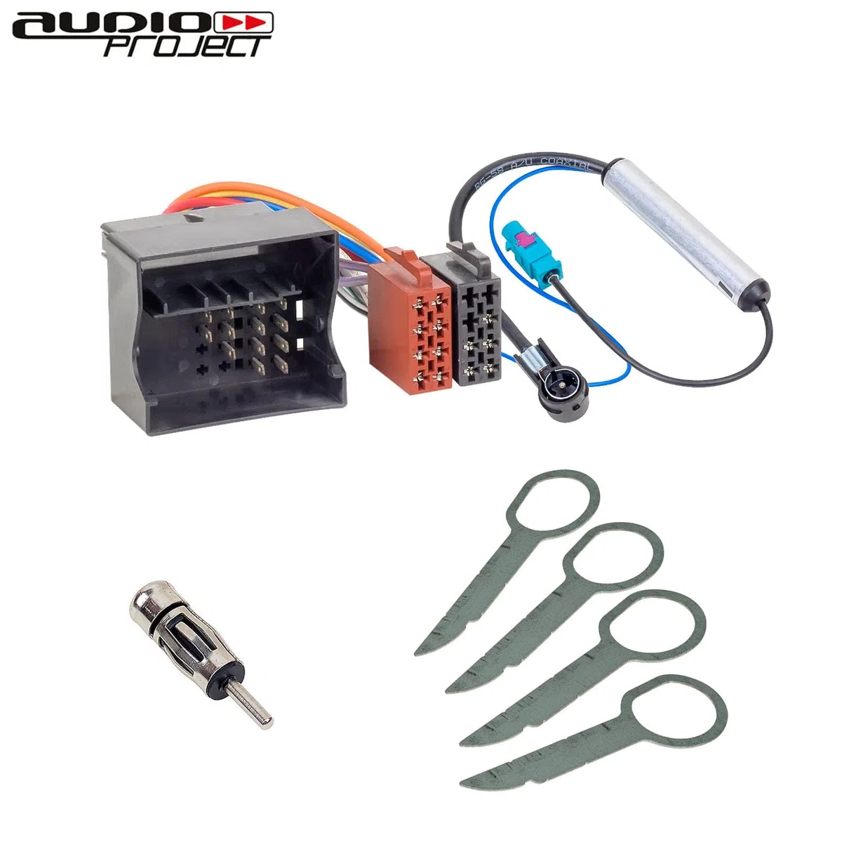 Audioproject A168 - Set di montaggio autoradio compatibile con VW Golf V Touran Passat 3C Caddy Skoda Octavia Seat, 4 staffe di sblocco, 2 adattatori per antenna Fakra ISO DIN