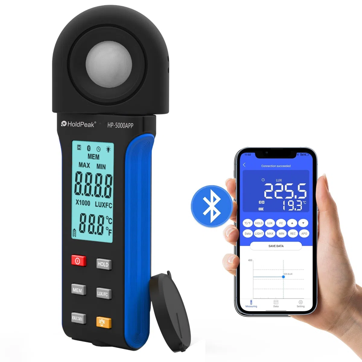 Luxmetro Digitale Tester per Misurazione Luminosita 400,000 Lux 5000APP, Misuratori di Luce, Posemetro Digitale Portatile Ambientale, per Luce LED/Piante, Rotativo 270º, APP Operazione