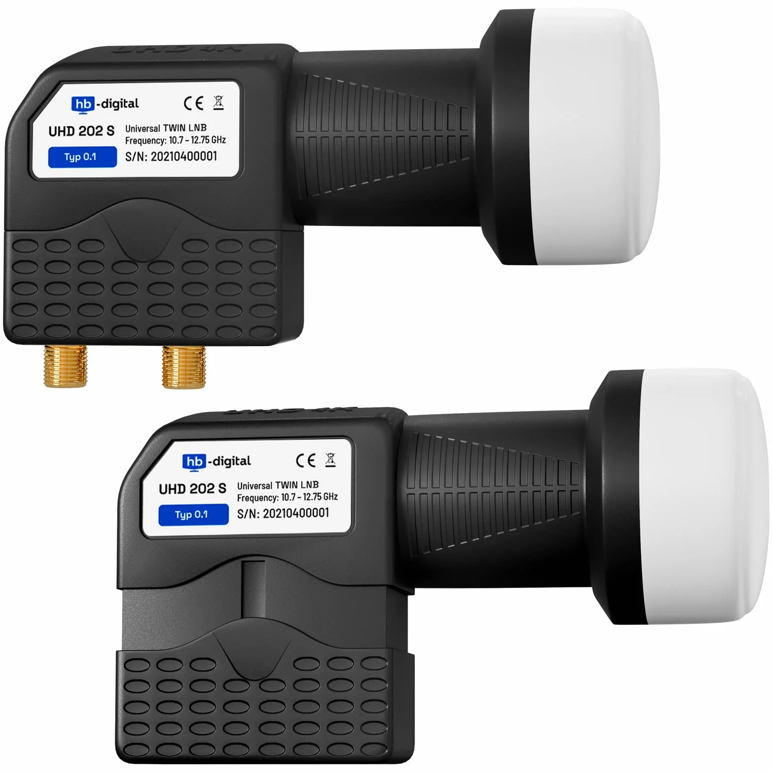 hb-digital Twin LNB - Test MOLTO BUONO* - per 2 utenti, filtro LTE, 2 uscite, Full HD 4K, 0,1 dB, con protezione dalle intemperie + 4 connettori F per TV, parabola satellitare - Nero