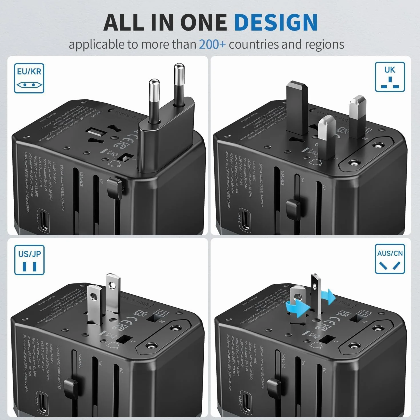 EPICKA Adattatore Universale da Viaggio 30W, Adattatore Presa Universale da Viaggio, Adattatore Giappone da Viaggio con 3 USB-C, 2 USB-A, Adattatore Spina per Italia USA UK Australia, Nero