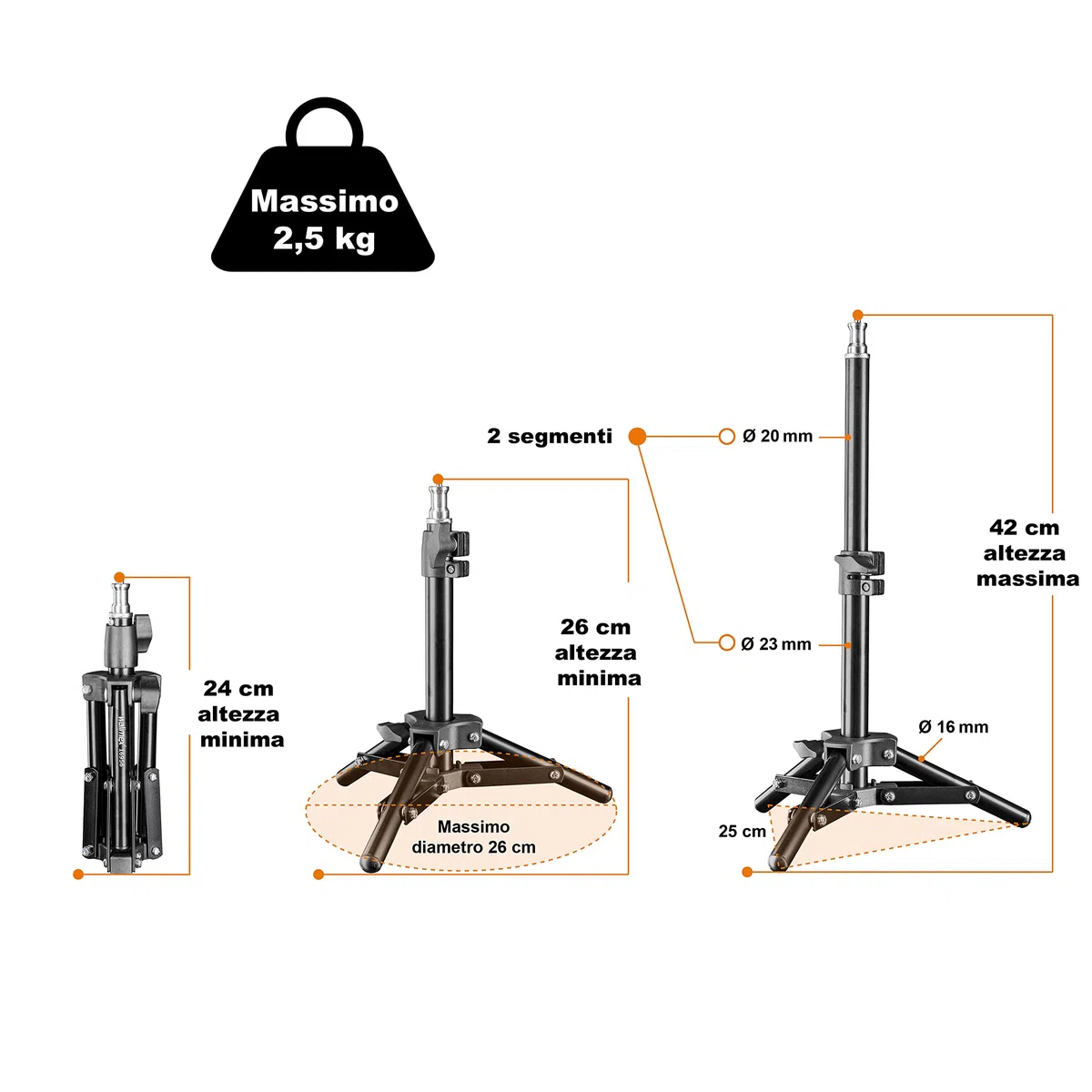 Walimex pro stativo per lampada 40 cm - Mini stativo compatto e leggero, stativo per luce, altezza massima 42 cm, capacità di carico 2,5 kg, alluminio, peso solo 335 g
