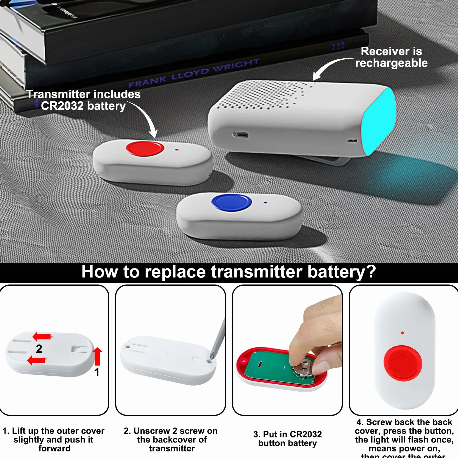 Pulsante di Chiamata di Emergenza Wireless per Anziani, Allarme Pager a Vibrazione Caregiver Pager Allarme Cercapersone per Anziani Bambini (1 in 1)