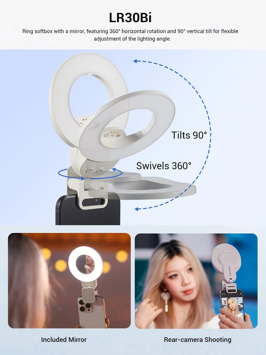 GODOX Litemons LR30Bi Luce Selfie LED Ring Light, 2800K-6500K Anello Luce con Clip e Specchio, 5 Luminosità Regolabile, Illuminazione in Uscita Continua per Telefono Laptop Vlog Trucco Streaming Live