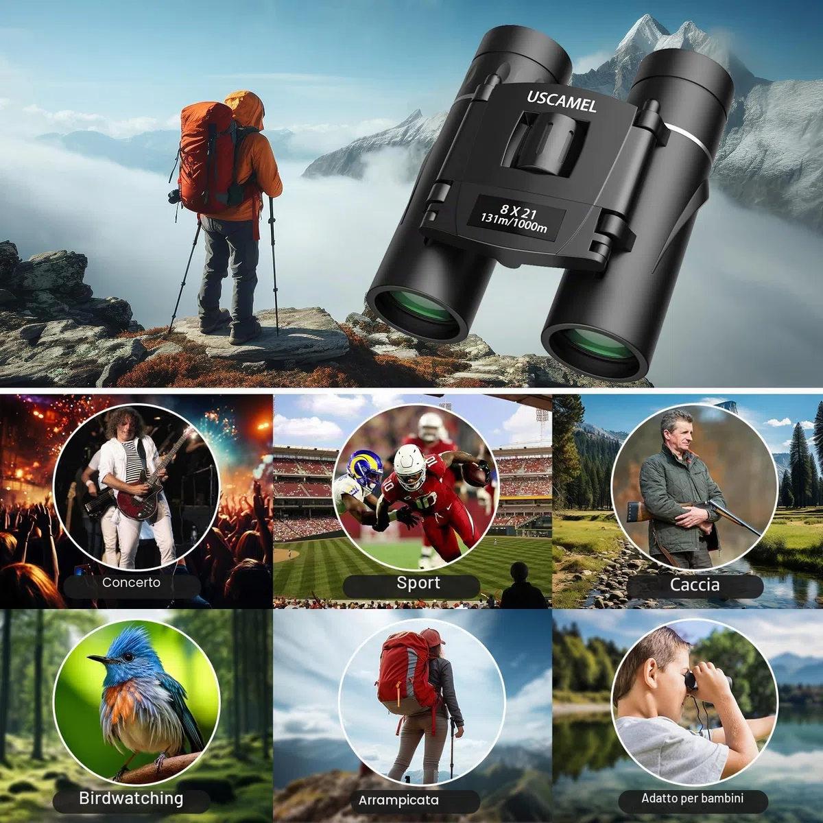 USCAMEL Binocolo Professionale Compatto, 8x21 Mini Binocolo, Alta Potenza Alta Definizione per Bird Watching, Escursionismo, Campeggio Caccia, Viaggio, Sportivi, Concerti