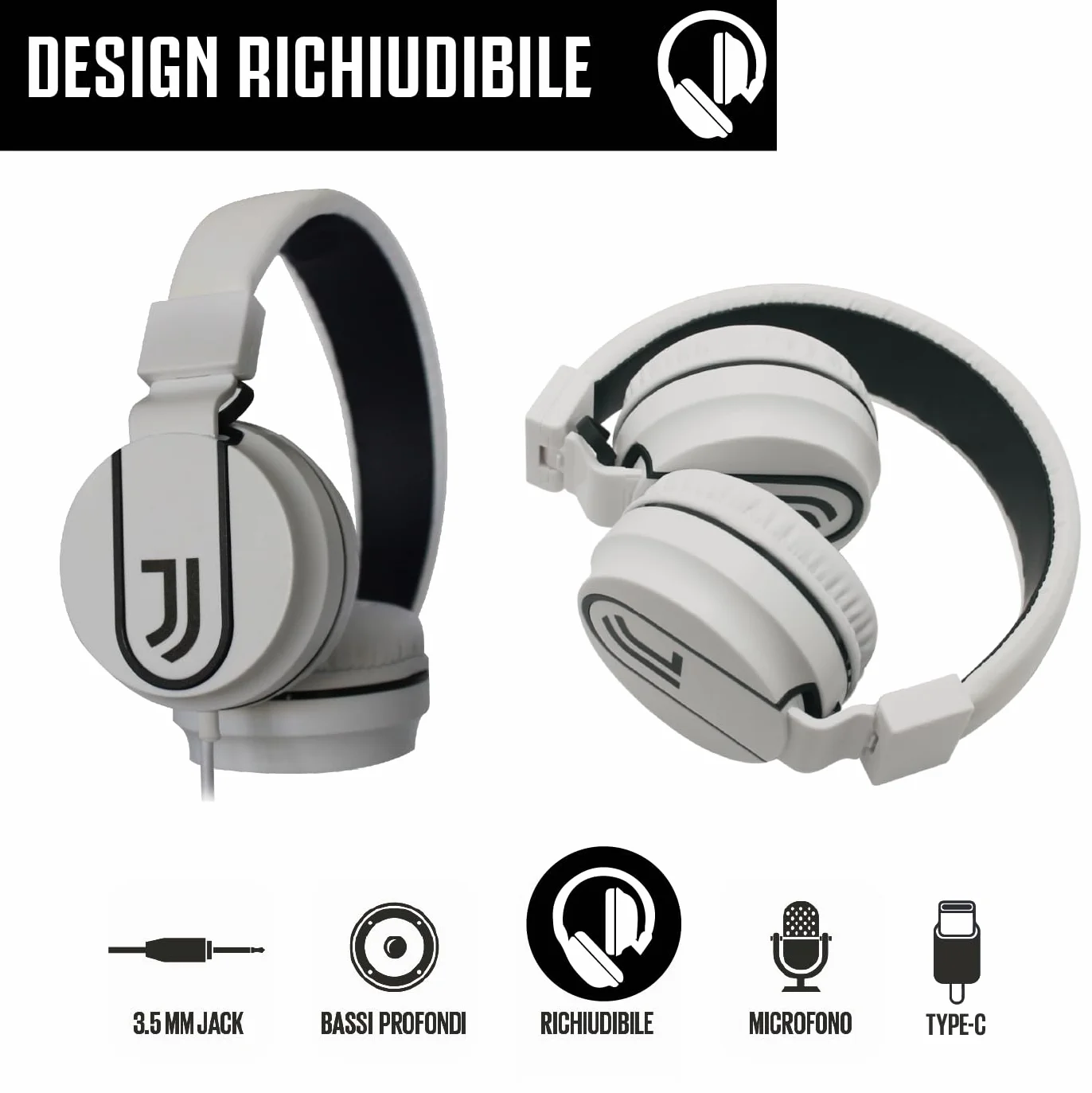 TECHMADE Juventus Football Cuffia microfono incluso |ON-EAR |con filo cavo aux | Bianco/Nero | con adattatore usb-c (+ POWERBANK 5000)