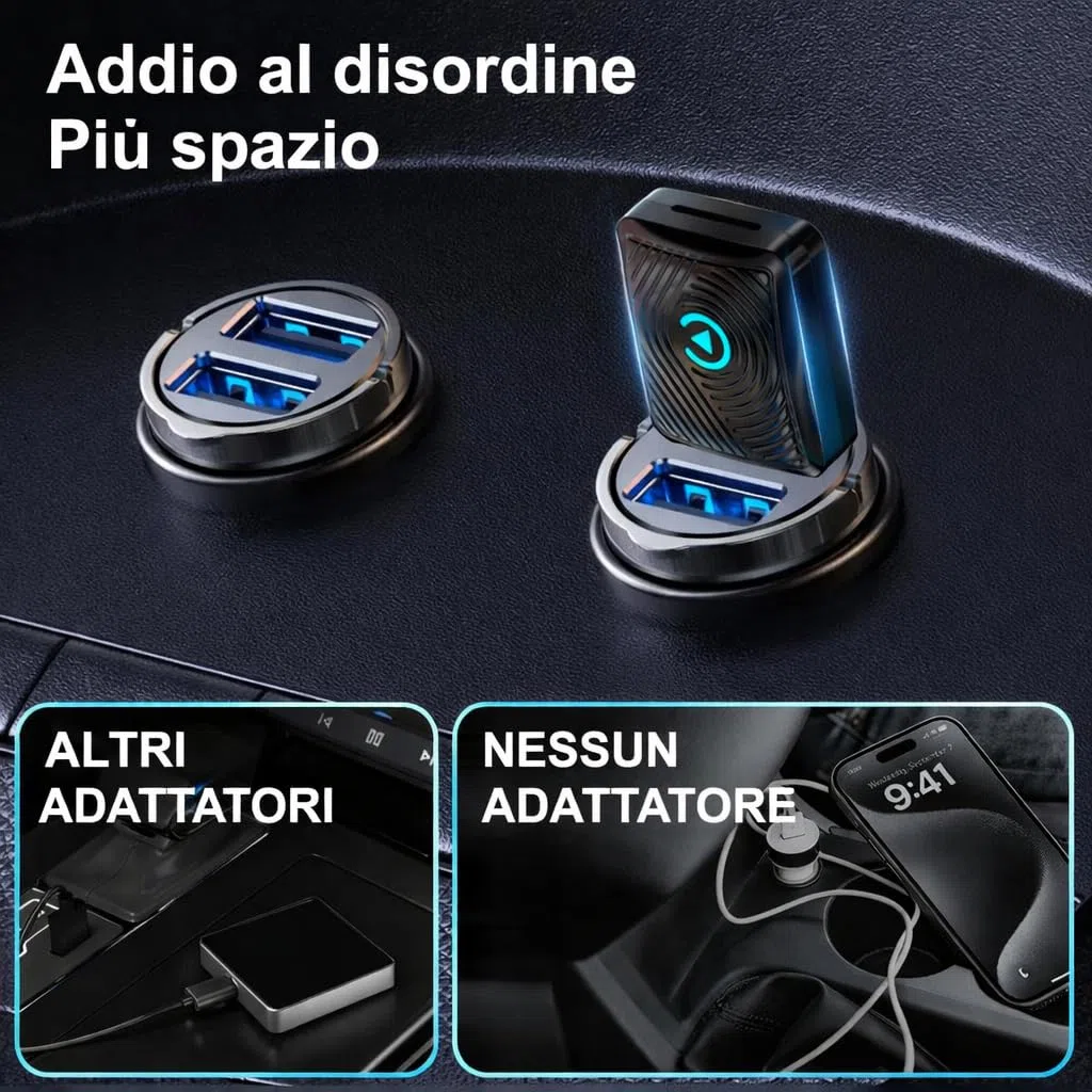MINI Adattatore 2-in-1 Wireless CarPlay e Android Auto, Bluetooth 5.3, WiFi 6 Dual Band, USB-A e USB-C, Compatibile con iPhone iOS 10+